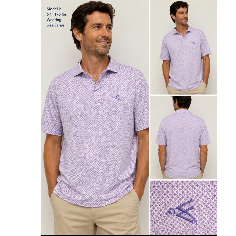 Johnnie-O Performance Polo Shirt Mens Large Purple Geometric UPF 50 Golf Top